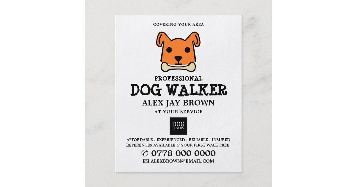 Orange Dog with Bone, Dog Walker Advertising Flyer Zazzle