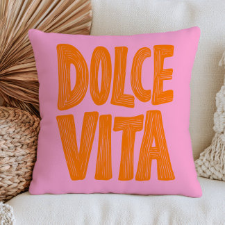 Orange Dolce Vita on Pastel Pink Modern Italian Throw Pillow
