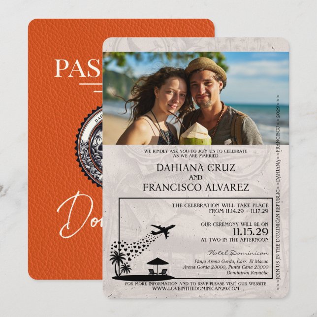 Orange Dominican Republic Passport Wedding Invitation (Front/Back)