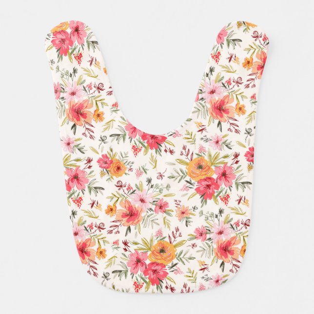 Orange Doodle Garden Flower Pattern Baby Bib (Front)