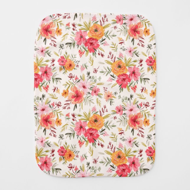 Orange Doodle Garden Flower Pattern Baby Burp Cloth (Front)