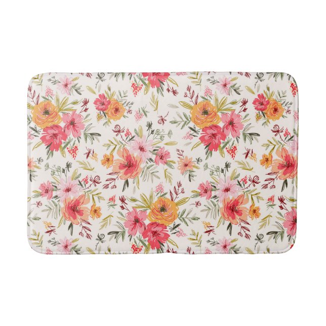 Orange Doodle Garden Flower Pattern Bath Mat (Front)