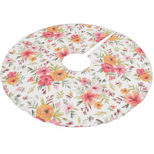 Orange Doodle Garden Flower Pattern Brushed Polyester Tree Skirt