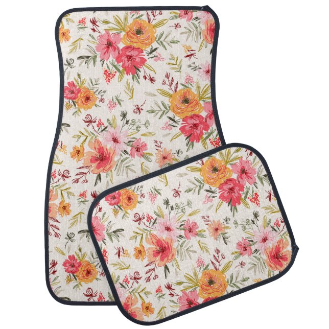 Orange Doodle Garden Flower Pattern Car Floor Mat (Set)