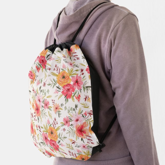 Orange Doodle Garden Flower Pattern Drawstring Bag (Insitu)