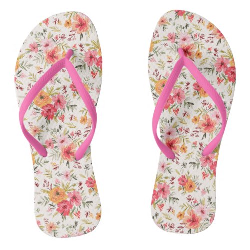 Orange Doodle Garden Flower Pattern Flip Flops