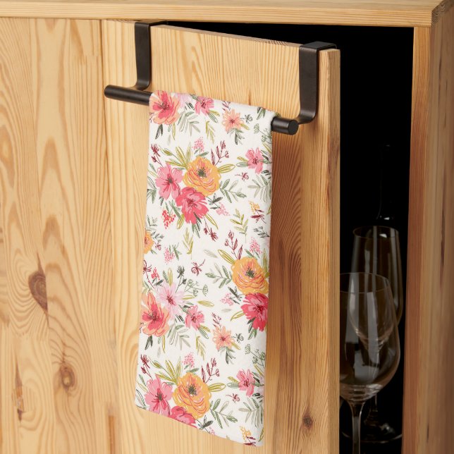 Orange Doodle Garden Flower Pattern Kitchen Towel (Thirds Fold)