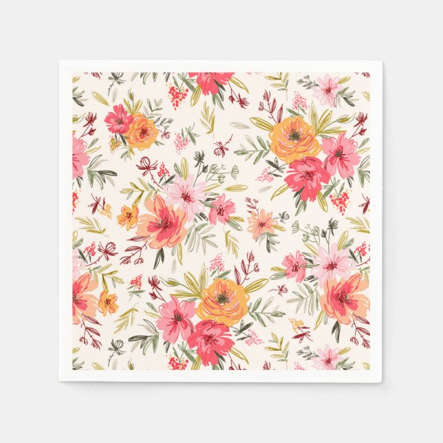 Orange Doodle Garden Flower Pattern Napkins (Front)