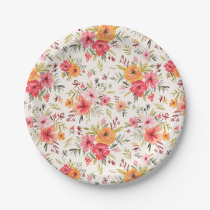 Orange Doodle Garden Flower Pattern Paper Plates