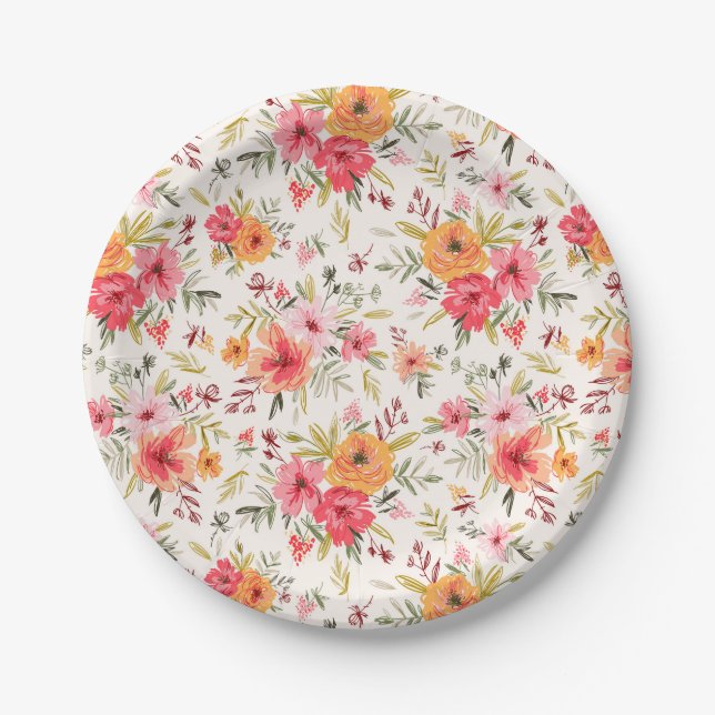 Orange Doodle Garden Flower Pattern Paper Plates (Front)