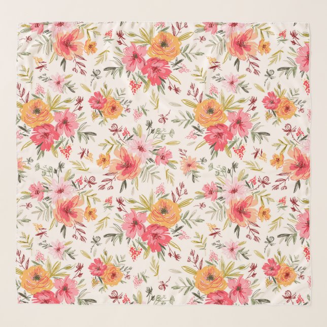 Orange Doodle Garden Flower Pattern Scarf (Front)