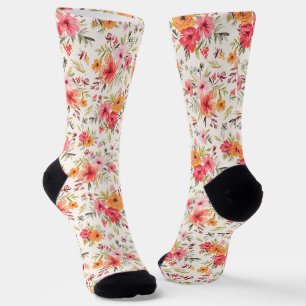 Orange Doodle Garden Flower Pattern Socks