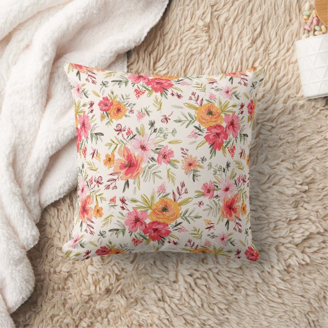 Orange Doodle Garden Flower Pattern Throw Pillow (Blanket)