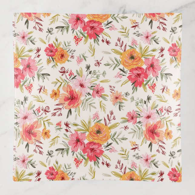Orange Doodle Garden Flower Pattern Trinket Tray (Front)