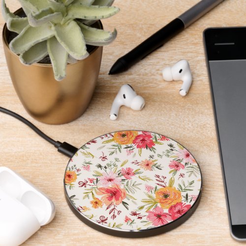 Orange Doodle Garden Flower Pattern Wireless Charger