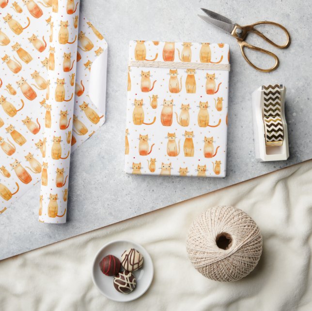 Orange Dots and Cats Birthday Wrapping Paper (Crafts)