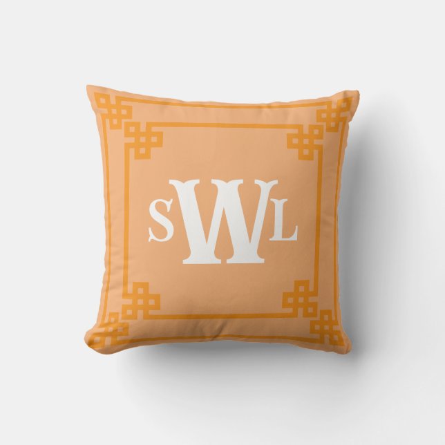 Orange Double Greek Key Monogram Design Throw Pillow (Front)