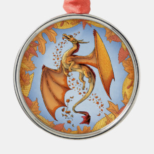 Orange Dragon of Autumn Nature Fantasy Art Metal Ornament