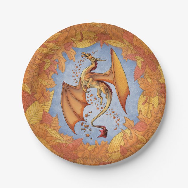 Orange Dragon of Autumn Nature Fantasy Art Paper Plates (Front)