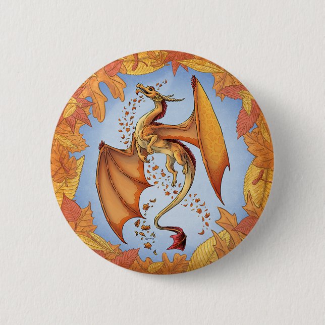 Orange Dragon of Autumn Nature Fantasy Art Pinback Button (Front)