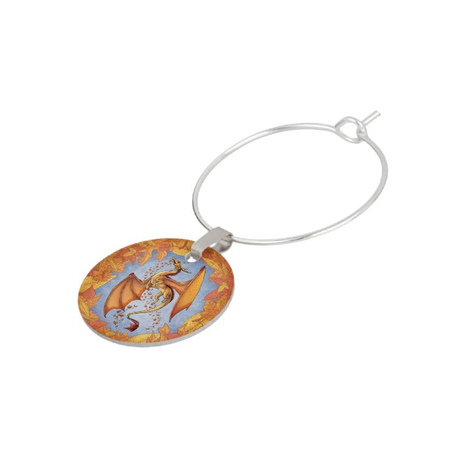 Orange Dragon of Autumn Nature Fantasy Art Wine Glass Charm (Side)