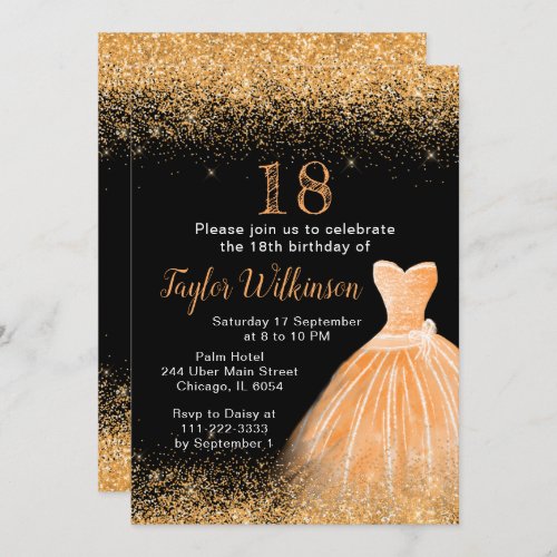 Orange Dress Faux Glitter Birthday Party Invitation