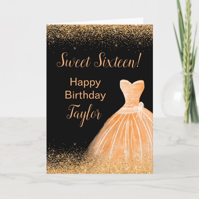 Orange Dress Faux Glitter Sweet 16 Birthday Card (Front)