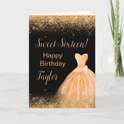 Orange Dress Faux Glitter Sweet 16 Birthday Card