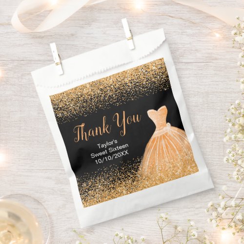 Orange Dress Faux Glitter Sweet 16 Birthday Favor Bag