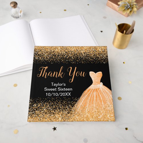 Orange Dress Faux Glitter Sweet 16 Birthday Guest Book