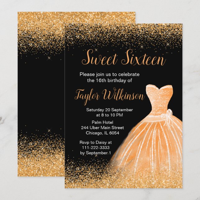 Orange Dress Faux Glitter Sweet 16 Birthday Invitation (Front/Back)