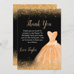 Orange Dress Faux Glitter Sweet 16 Birthday Thank You Card
