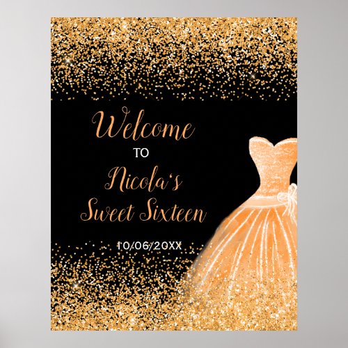 Orange Dress Faux Glitter Sweet 16 Welcome Poster