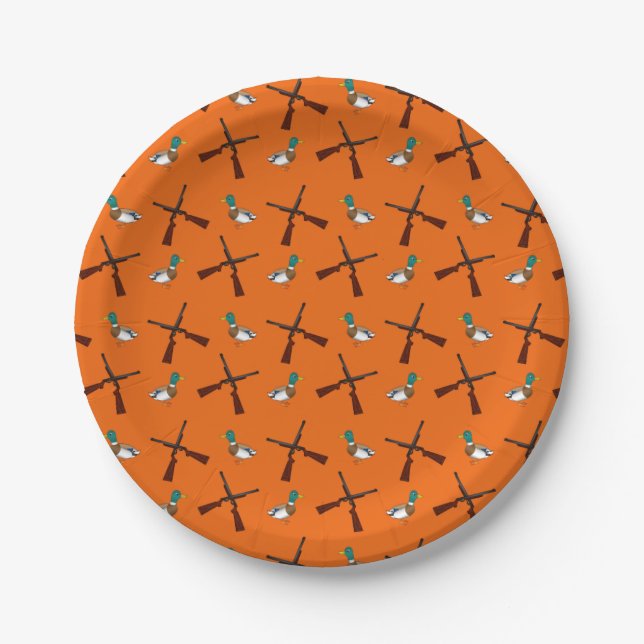 Orange duck hunting pattern paper plates (Front)