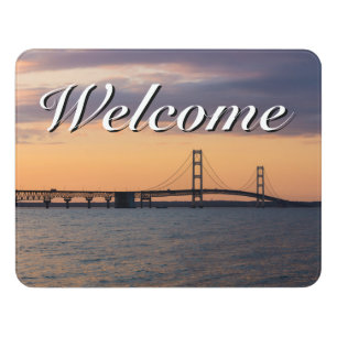 Orange Dusk Mackinac Bridge Welcome Door Sign