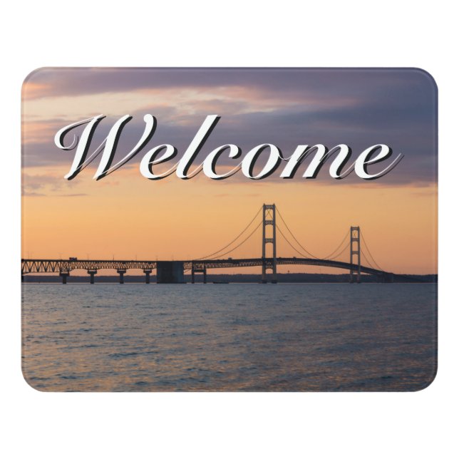 Orange Dusk Mackinac Bridge Welcome Door Sign (Contemporary Front)