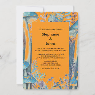 Orange Dusty Blue Woodland Mushroom Boho Wedding Invitation