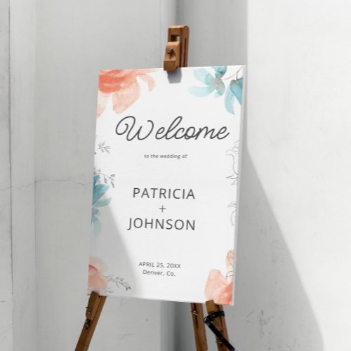 Orange dustyblue floral wedding welcome sign print