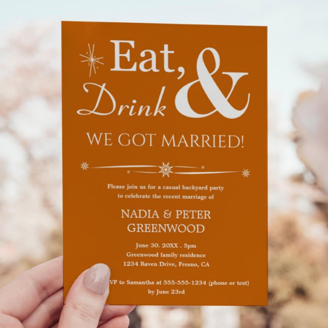 Orange Eat Drink We Got Married Elopement Party Invitation (Creator Uploaded)