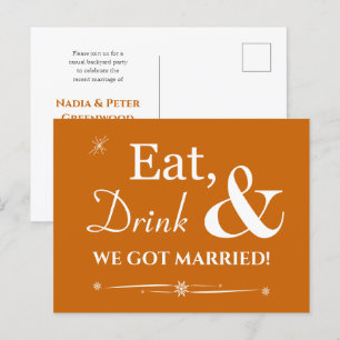 Orange Eat Drink We Got Married Retro Elopement Postcard