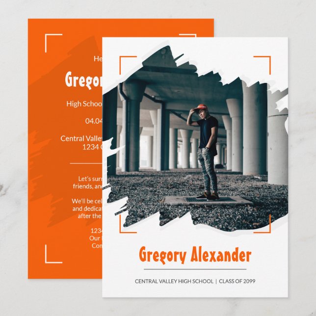 Orange Edgy Abstract Brushstroke Photo Graduation Invitation (Front/Back)