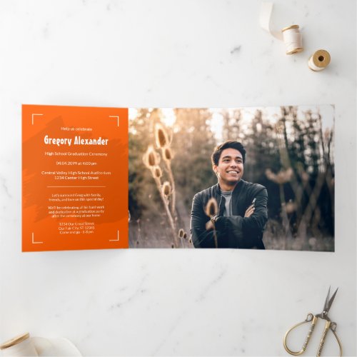 Orange Edgy Abstract Brushstroke Photo Graduation Tri_Fold Invitation