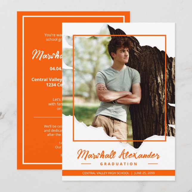 Orange Edgy Abstract Torn Photo Graduation Invitation (Front/Back)