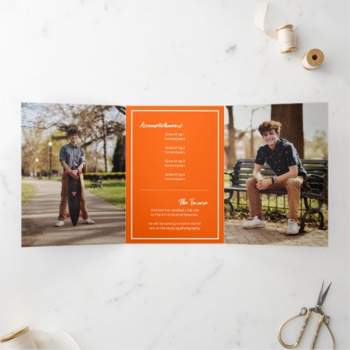 Orange Edgy Abstract Torn Photo Graduation Tri_Fold Invitation