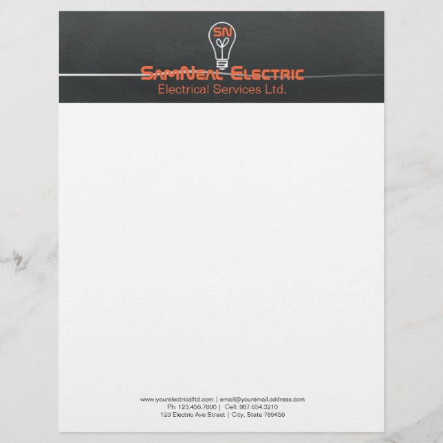 Orange electrician -logo lightbulb design letterhead (Front)