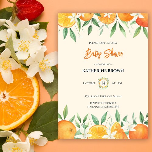 Orange Elegant Citrus Botanical Baby Shower Invitation
