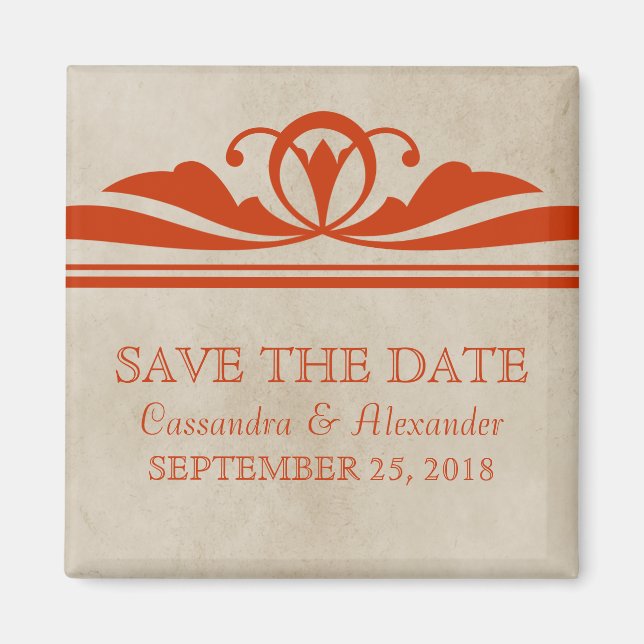 Orange Elegant Deco Save the Date Magnet (Front)