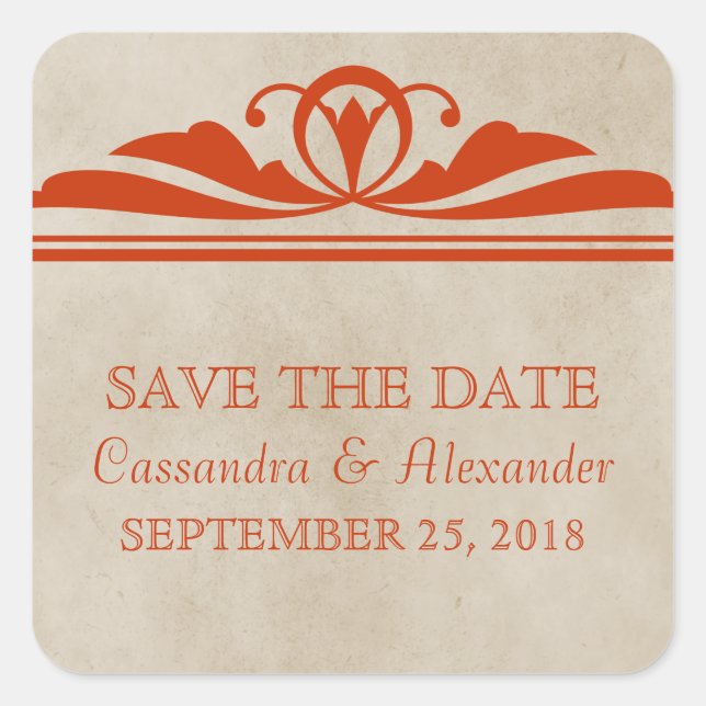 Orange Elegant Deco Save the Date Stickers (Front)