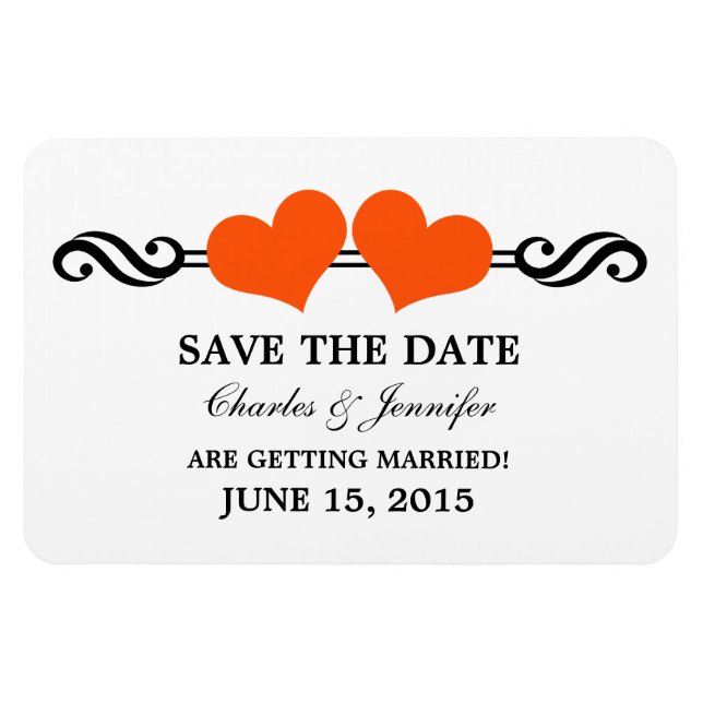 Orange Elegant Hearts Save the Date Magnet (Horizontal)