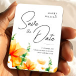 Orange Elegant Modern Save the Date Wedding Magnet<br><div class="desc">Orange bright preppy romantic templates with orange wildflowers and leaves of eucalyptus twig on watercolor background. Pastel wildflower rustic fall wedding save the date magnets. Minimalist wedding save the date magnet invitation cards with stylish decor orange herbs blossom bloom composing. Orange modern fall winter wedding Save The Date Cards Minimalist...</div>